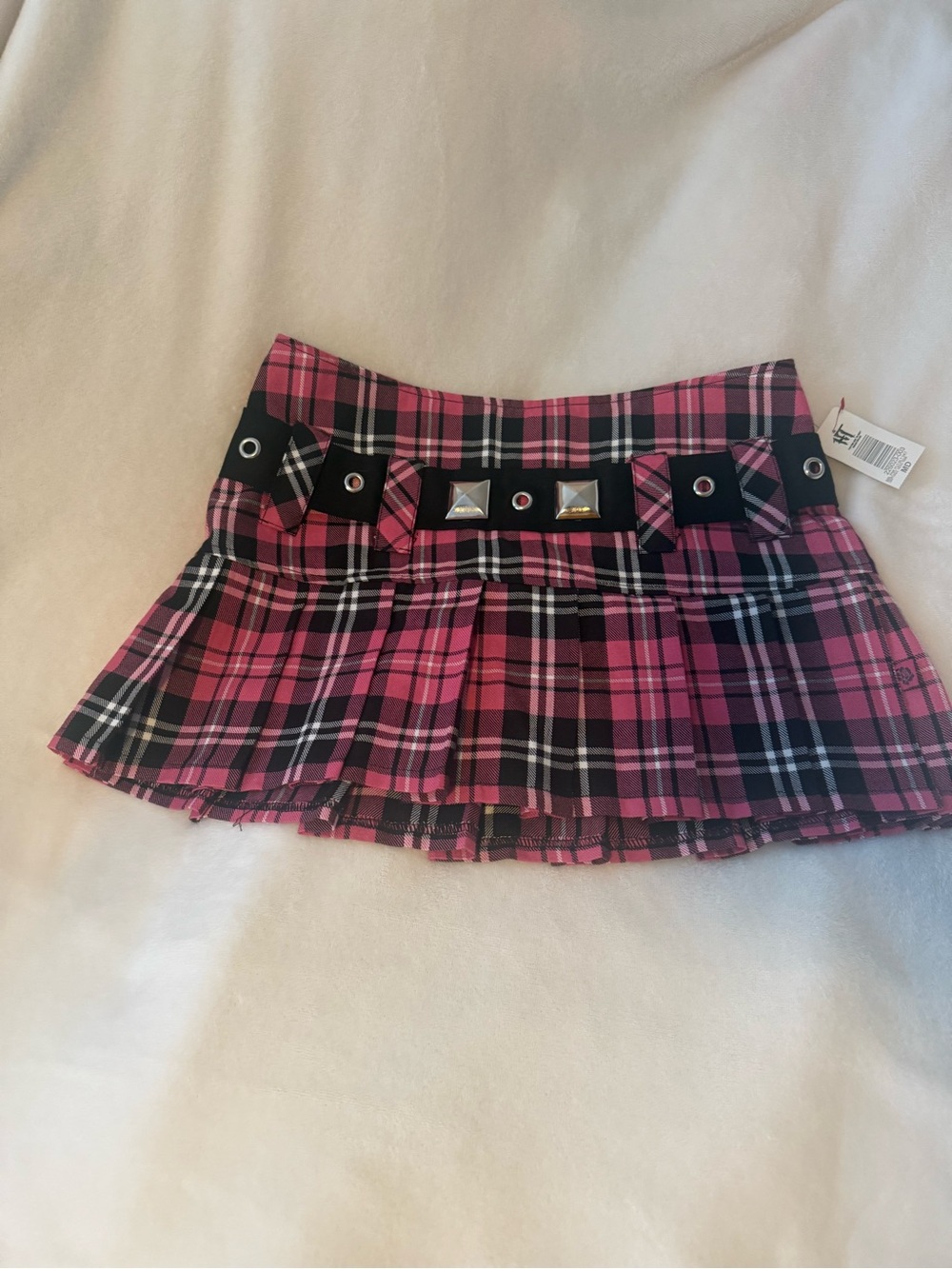 Tripp NYC Pink and Black Plaid Pleated Mini Skirt with Studded Belt